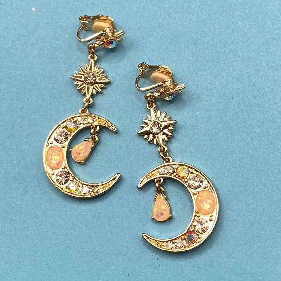 Celestial Opal AB Rhinestone Earrings Gold Tone Pierced Long Dangle - Picture 7 of 10